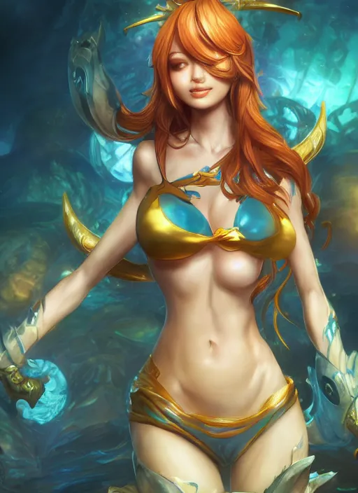 Image similar to nami, from league of legends, au naturel, hyper detailed, digital art, trending in artstation, cinematic lighting, studio quality, smooth render, unreal engine 5 rendered, octane rendered, art style by klimt and nixeu and ian sprigger and wlop and krenz cushart