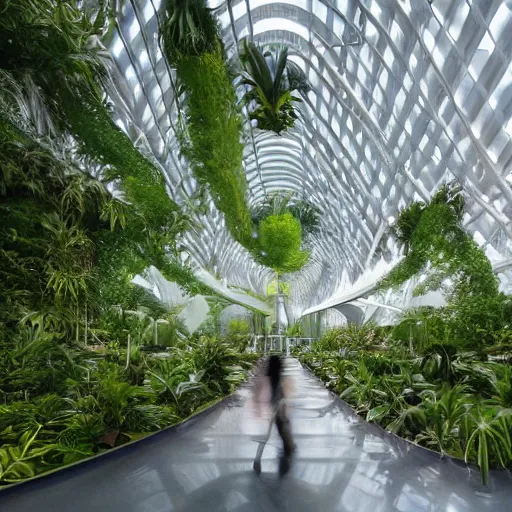 Image similar to stunning indoor jungle inside epic high technology biodome designed by zaha hadid, ultra detailed, highest quality