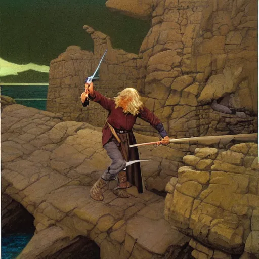 Image similar to Highly detailed oil painting of Gandalf fighting a monstrous Dachshund on a narrow rock bridge, underground, intricate artwork by Angus McBride, John Howe, Matthew Stewart, Ted Nasmith, heroic fantasy