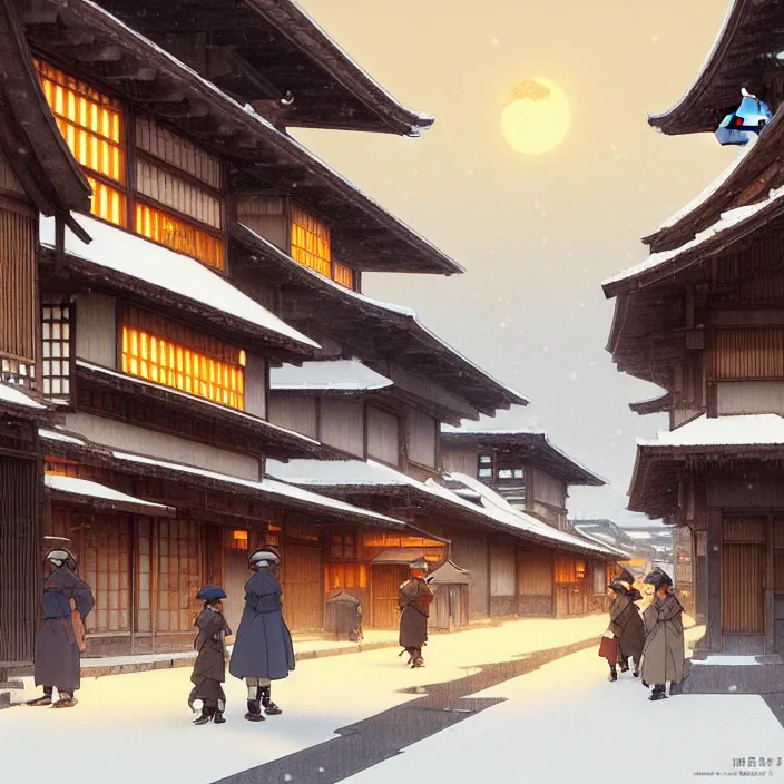 Image similar to empty rural japanese town at night, winter, in the style of studio ghibli, j. c. leyendecker, greg rutkowski, artem