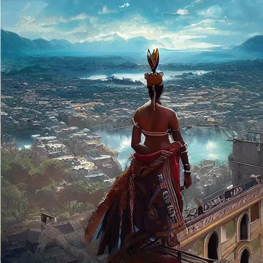 Prompt: a fijian queen looks down on her city from the palace balcony, fantasy art by greg rutkowski