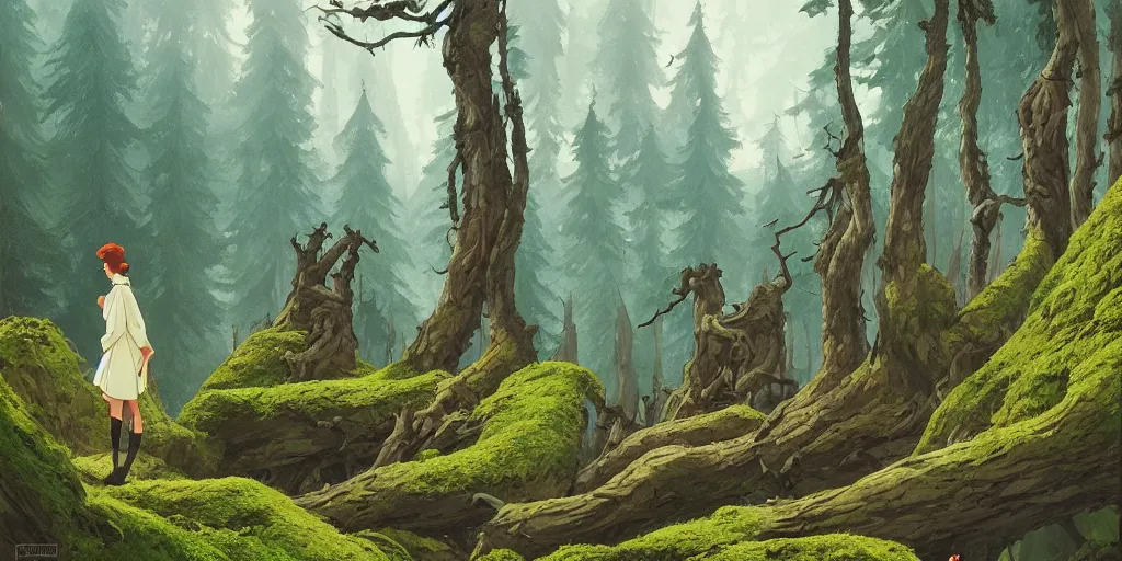 Prompt: a forest in transylvania, rocks, dead trees, castle in the background, moss, in the style of studio ghibli, j. c. leyendecker, greg rutkowski, artgerm