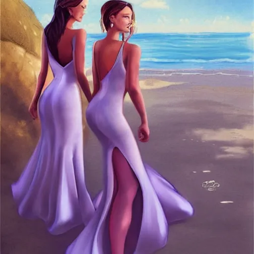 Prompt: two beautiful princesses in skintight satin prom dresses on the beach drawn by charlie bowater