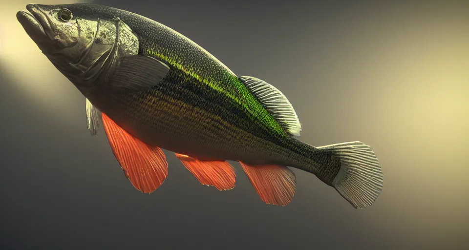 Image similar to a beautiful painting of a redfin perch, octane render, intricate, ultra wide angle, trending on artstation, black light, volumetric lighting, ray lighting from top of frame, crepuscular ray lighting from above, dynamic lighting, muted colors, polished, micro details, ray tracing, 8 k