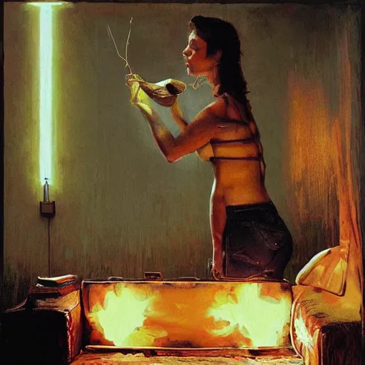 Image similar to Mila Kunis consumes bbq ribs on a sofa in a dark kitchen lit by a single bulb, painted by rick berry and norman rockwell and zdzislaw beksinski, highly detailed