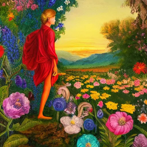 Image similar to A painting with a world of various flowers and plants, in which there is a figure of a human, dressed in something magical and impressive, inside this clothes infinity is all in sunset light