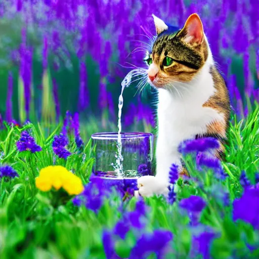 Prompt: photo of a cat drinking water surrounded by blue, purple, and yellow flowers in a modern house