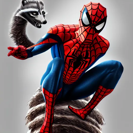 Image similar to spider - man sit on big raccoon, eating donuts, action scene, concept art, trending on artstation, highly detailed, intricate, sharp focus, digital art, 8 k