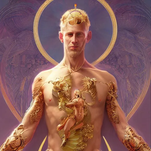 Image similar to portrait of nick bostrom as a heavenly god, full body, muscular, fantasy, intricate, elegant, highly detailed, digital painting, artstation, concept art, matte painting, sharp focus, illustration, art by artgerm and greg rutkowski and alphonse mucha