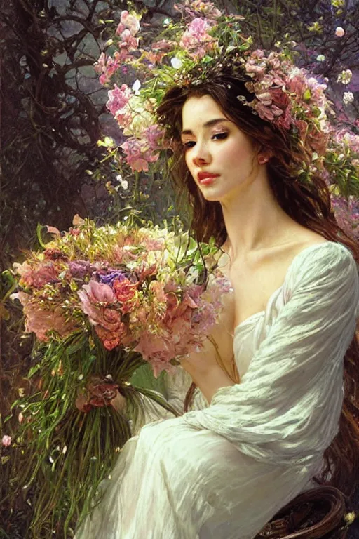 Image similar to portrait of a beautiful mysterious woman holding a large bouquet of flowing flowers, wet dripping long hair, hands disappeared under the bouquet, emerging from the water, fantasy, regal, intricate, by stanley artgerm lau, greg rutkowski, thomas kindkade, alphonse mucha, loish, norman rockwell