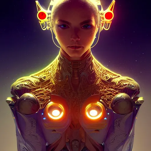 Image similar to hyper advanced cyborg alien ai, sci fi, glowing eyes, volumetric lights, gold theme, art nouveau botanicals, intricate, highly detailed, digital painting, artstation, concept art, smooth, sharp focus, cinematic, illustration, beautiful face, art by artgerm and greg rutkowski and alphonse mucha