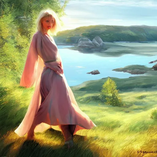 Image similar to blonde female jedi, Swedish countryside, landscape view, archipelago, freedom, abstract, by Vladimir Volegov, wlop, artstation