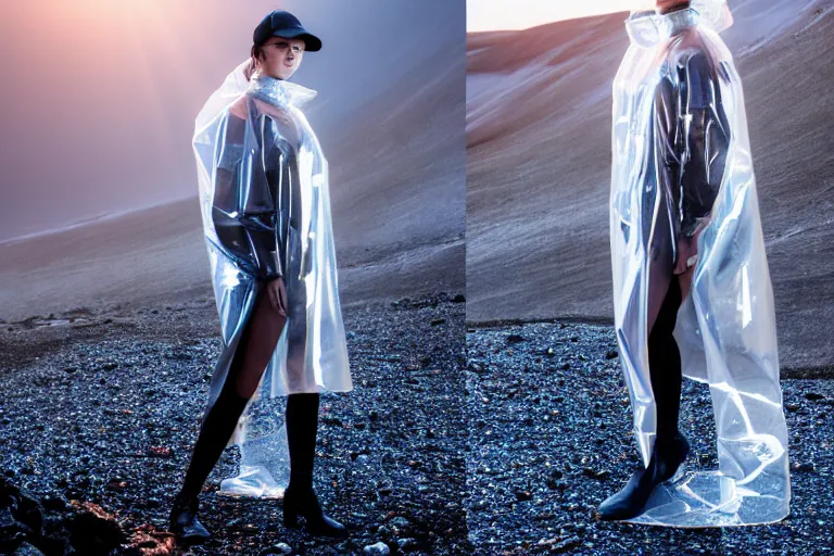 Image similar to an ultra high definition professional high fashion portrait studio full length photograph of a model wearing a transparent pearlescent raincoat and neon visor in an icelandic black rock environment at dawn. no artefacts. extremely detailed. stark. shallow depth of field. volumetric light and shadow. ray tracing. light ray.