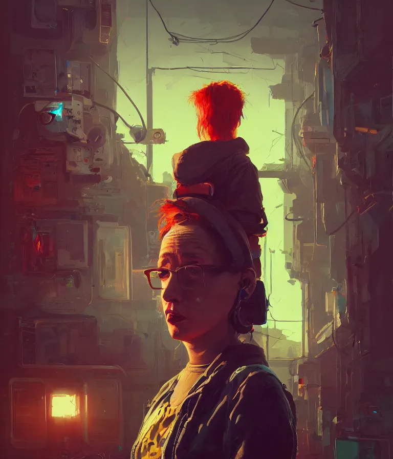 Image similar to a portrait of a punker in a painting from stalenhag, 4 k, 8 k, hdr, artstation, concept art