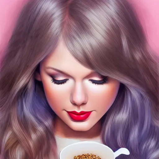 Prompt: Tayor Swift Taylor-O’s, breakfast cereal, part of a healthy breakfast, milk, high detail, tasty, by artgerm, deviantart