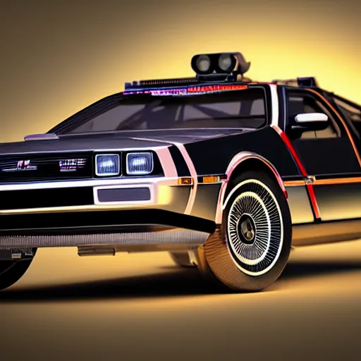 Image similar to hot wheels delorean car, cinema 4 d, octane, render 8 d, cinematic lighting, product shot, commercial photography