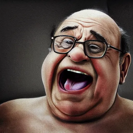 Image similar to hyperrealistic mixed media high resolution image of Danny DeVito angrily screaming into a urinal, stunning 3d render inspired art by István Sándorfi and Greg Rutkowski and Unreal Engine, perfect symmetry, dim volumetric lighting, 8k octane beautifully detailed render, post-processing, extremely hyper-detailed, intricate, epic composition, highly detailed attributes, highly detailed atmosphere, full body shot, cinematic lighting, masterpiece, trending on artstation, very very detailed, masterpiece, stunning, flawless structure, lifelike texture, perfection,