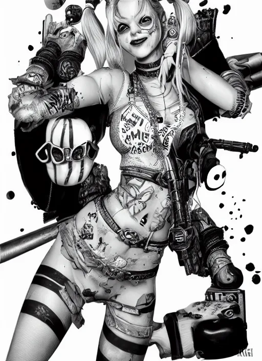 Image similar to highly detailed ink illustration of harley quinn, unreal engine, octane render, b & w clean shaped illustration by kim jung gi, ron english and eiichiro oda