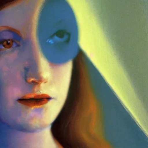 Image similar to close up of a girl in a blue and gold haunted liminal abandoned room, film still by edward hopper, by gottfried helnwein, by klimt, art noveau, highly detailed, strong lights, liminal, eerie, bright pastel colors,