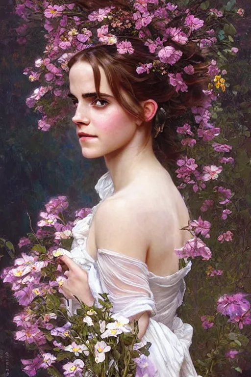 Image similar to portrait of emma watson as beautiful mysterious woman holding a bouquet of flowing flowers, hands hidden under the bouquet, fantasy, regal, intricate, by stanley artgerm lau, greg rutkowski, thomas kindkade, alphonse mucha, loish, norman rockwell