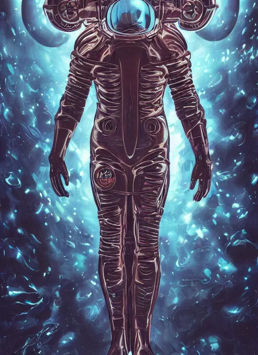 Image similar to astronaut in dark void underwater - complex and hyperdetailed technical suit design. reflection and dispersion materials. rays and dispersion of light. volumetric light. f / 3 2. noise film photo. flash photography. ultra realistic, 5 0 mm. poster by wayne barlowe, hajime sorayama aaron horkey, craig mullins