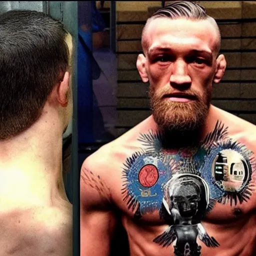 Image similar to “a realistic detailed photo of a guy who is an attractive humanoid who is half robot and half humanoid, who is a male android, boxer Conor McGregor, shiny skin, posing like a statue, blank stare”