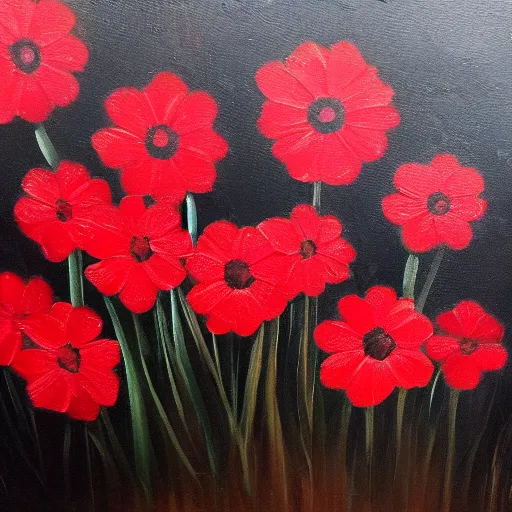 Image similar to oil painting of many various red flowers painted on a black background, the flowers are floating, dark atmosphere, realistic flowers oil painting