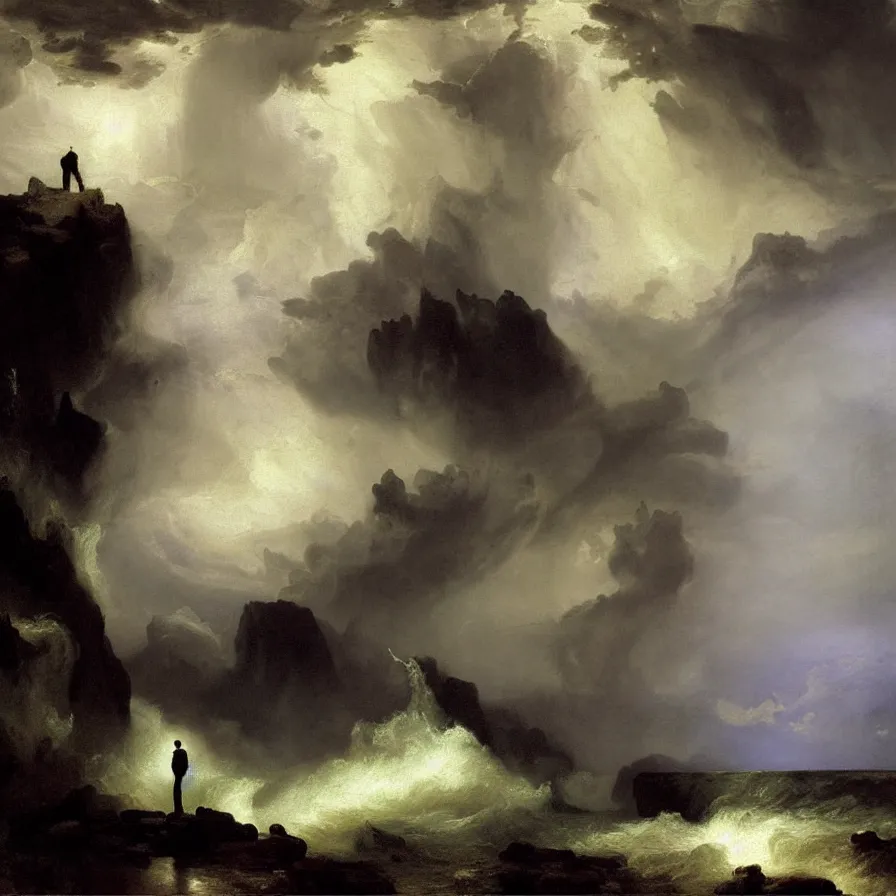 Image similar to metaphysical artwork about a lonely man during a thunderstorm, lightning and rain, painted by thomas moran and albert bierstadt. new realism. monochrome color scheme.