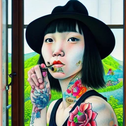 Image similar to full view, from a distance, of taiwanese girl with tattoos, wearing a cowboy hat, standing at the window, style of yoshii chie and hikari shimoda and martine johanna and edward hopper, highly detailed