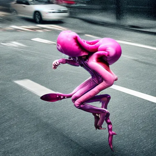 Image similar to hyper realistic, photo, humanoid pink female Squid girl, popping motorcycle wheelie on fast in the rainy city traffic