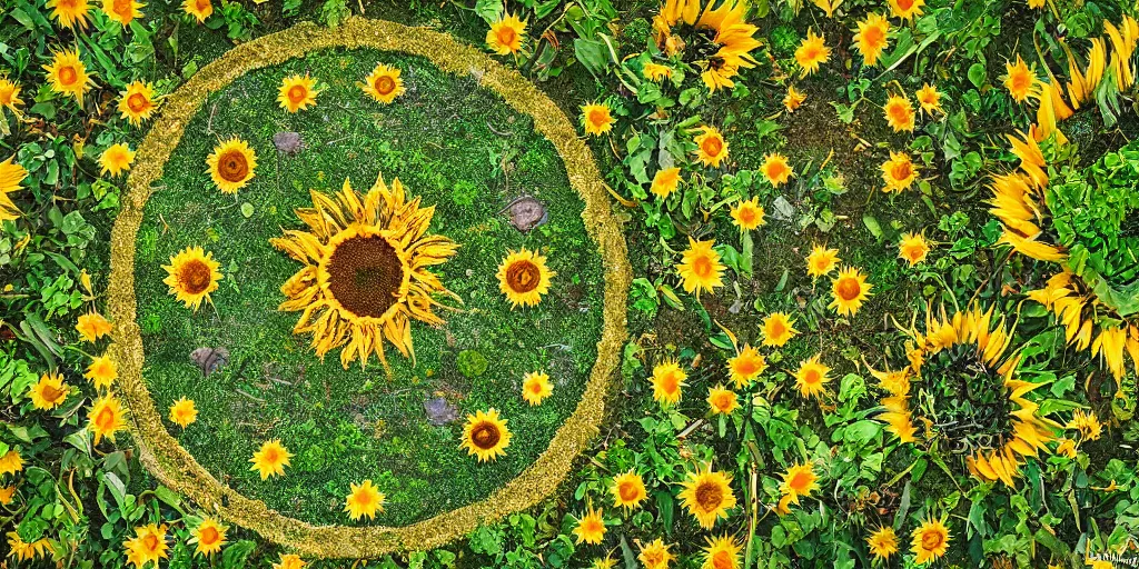 Prompt: Plants, leafs circle mandala sunflower flowers, evergreen plants, green crubs, green musgo, green lichen,by Eric Lafforgue, Mark Riddick