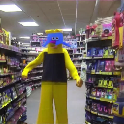 Prompt: cctv footage recorded last night of a man in a spongebob squarepants costume robbing a store