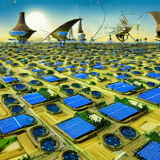 Image similar to solarpunk village with solarroofs, salvador dali style