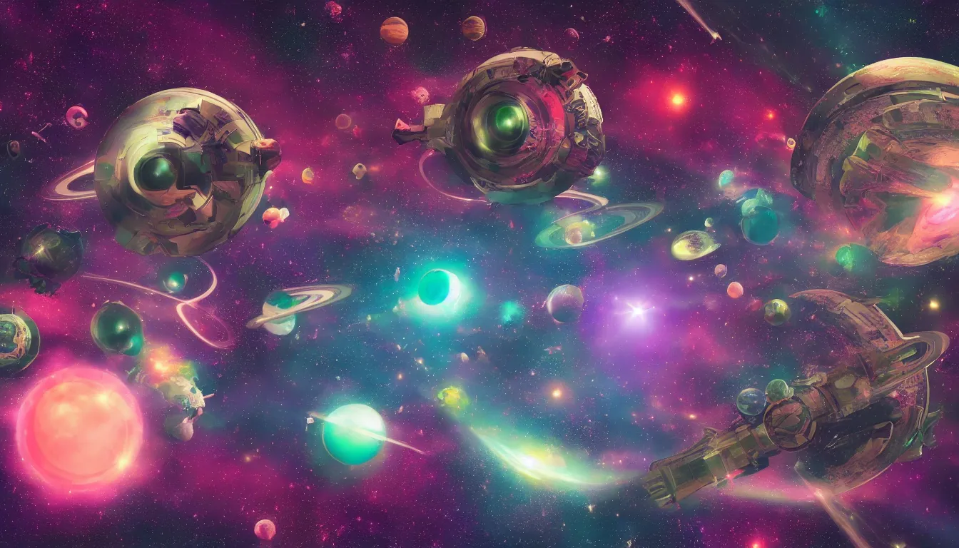 Prompt: spaceship in space with planets and nebulas, psychedelic, vaporwave