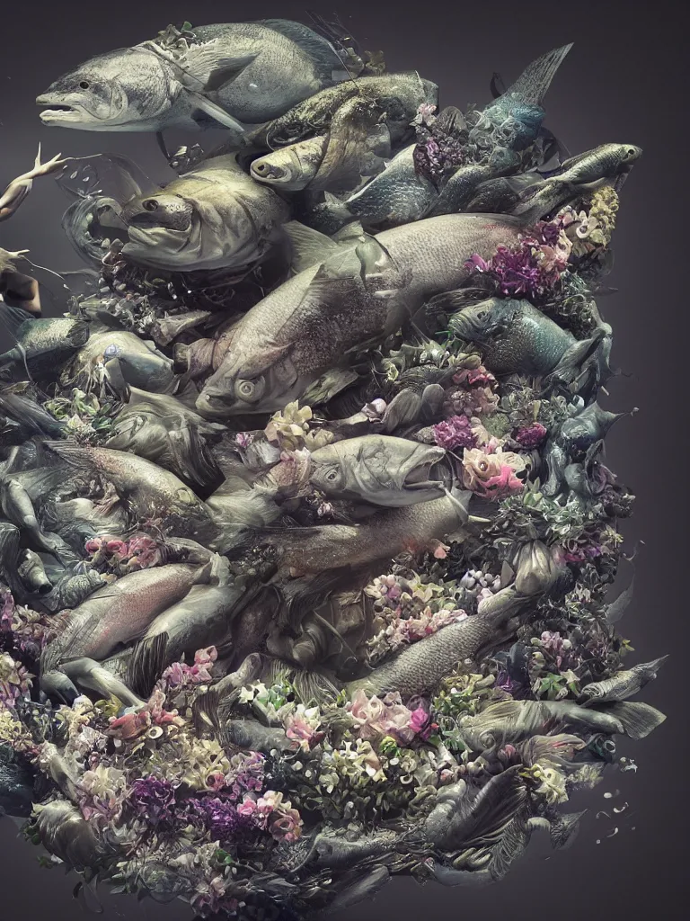 Prompt: a sculpture of fish ocean intertwined, darkness, led lighting, a lovely cornucopia of flowers and human body parts, body parts, highly detailed, octane render, cinematic, shock, sharp focus, ball, an independent psycho, clean, studio lighting