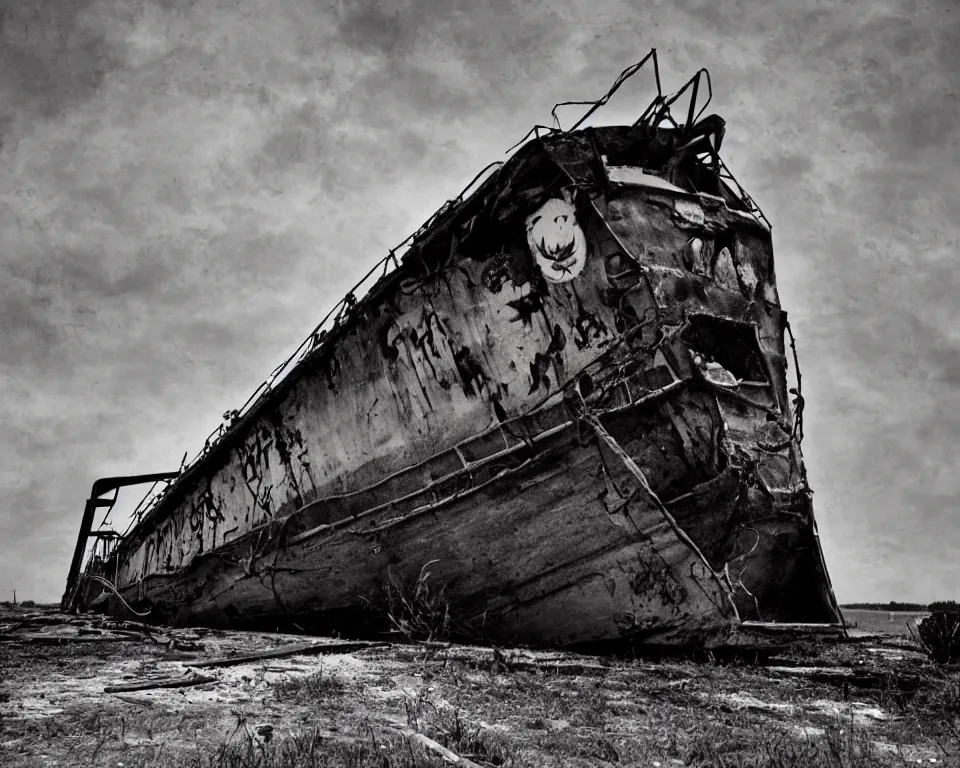 Prompt: a horror movie poster featuring a abandoned barge