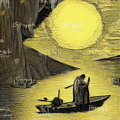 Prompt: charon crossing the river styx, vector art