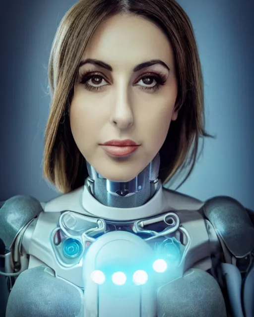Prompt: centered portrait of flirtatious young sabrina salerno as a solarpunk mecha humanoid robotic parts and camera lens over left eye with bright led lights, real human face, pudica pose bouguereau style, white room, ultra - realistic and intricate, soft portrait shot 8 k