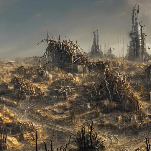 Image similar to real world trending on artstation A wasteland of cybernetic wastelands made of gold and thorns, 8k resolution matte painting, trending on artstation A electricity themed world invented entirely the face of