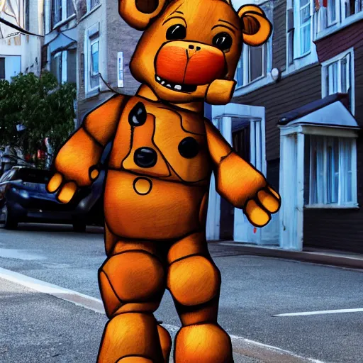 Prompt: Freddy fazbear in a street