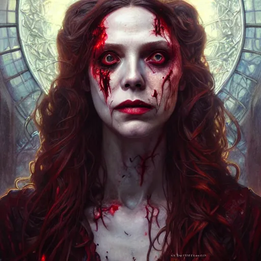 Image similar to portrait painting of zombified scarlet witch decaying, ultra realistic, concept art, intricate details, eerie, highly detailed, photorealistic, octane render, 8 k, unreal engine. art by artgerm and greg rutkowski and charlie bowater and magali villeneuve and alphonse mucha