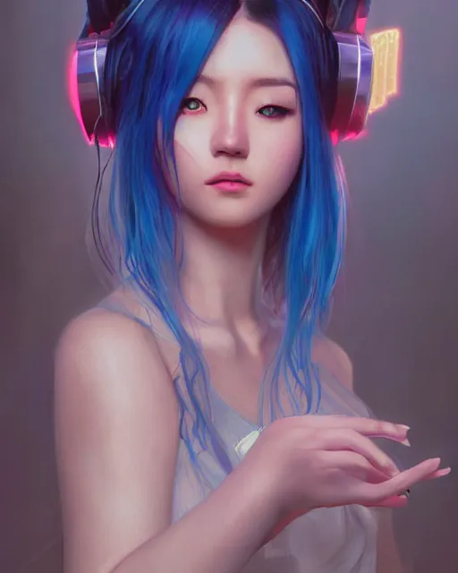 Image similar to stunningly beautiful female dj, blue hair, cute korean actress, dj sura, laser lights, sharp focus, digital painting, 8 k, concept art, art by wlop, artgerm, greg rutkowski and alphonse mucha