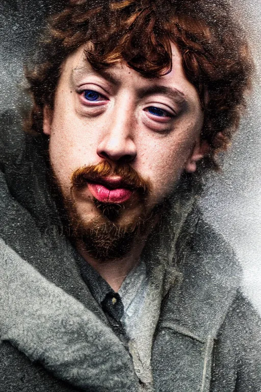 Prompt: portrait of Sam Hyde, close-up, sigma male, rule of thirds, award winning photo, highly detailed features, raining, ethereal lighting, nft backdrop, in the style of Ayami Kojima