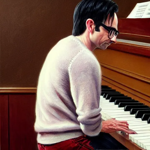 Image similar to An Oil Painting of the back view of Rivers Cuomo in a sweater with long hair and a mustache masterfully playing the piano, hyperrealistic, extremely realistic, highly realistic, HD Quality, 4k resolution, 8k resolution, Detailed, Very Detailed, Highly Detailed, Extremely Detailed, Intricate Details, Real, Very Real, Oil Painting, Digital Painting, Painting, Trending on Deviantart, Trending on Artstation