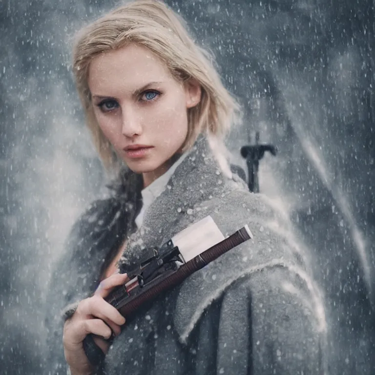 Image similar to cute model annie leonhart holding a lightsaber, beautiful face, detailed face, realistic eyes, pale skin, rule of thirds, cinematic lighting, rainy weather, melancholy atmosphere, volumetric light, realistic reflections, sharp focus, backlit, model agency, instagram photo, shot on sony a 7 iii, beauty filter, postprocessing