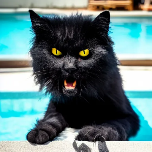 a picture of an angry black fuzzy cat with yellow