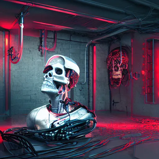 Image similar to cyberpunk skull machine, wires cables, red lights, octane render vray raytracing, photoreal