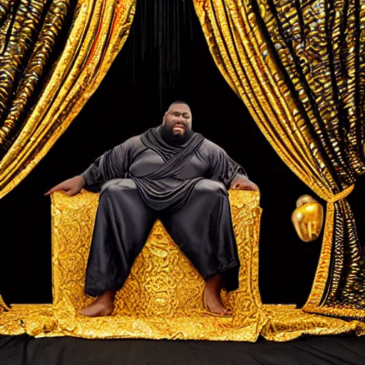 Image similar to Large black man sitting on throne wrapped in silk, background made of large folding curtains, blacklight lighting, dark, hyper detailed, hyper realistic, 8K phot realistic,