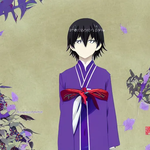 Prompt: anime teenager boy with straight indigo hair, purple eyes with red eye markers, slim body, wearing a detailed Japanese kimono, holding a japanese fan, Super-Resolution, HSL, 2-bit, VR, Uniform, Nano, Senary, RTX, insanely detailed and intricate, hypermaximalist, elegant, ornate, hyper realistic, super detailed, full body, full body shot, full image