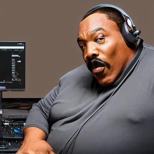 Prompt: obese Eddie Murphy wearing a headset yelling at his monitor while playing WoW highly detailed wide angle lens 10:9 aspect ration award winning photography by David Lynch esoteric erasure head